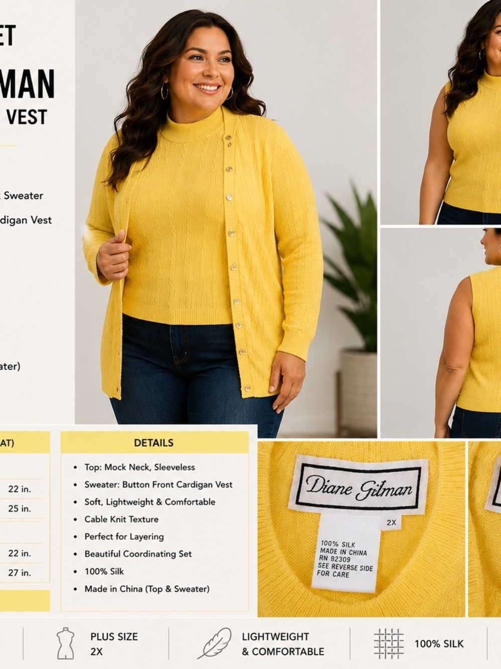 Diane Gilman 2PC Silk Cable Knit Sweater Set Yellow 2X NWT Cardigan & Shell